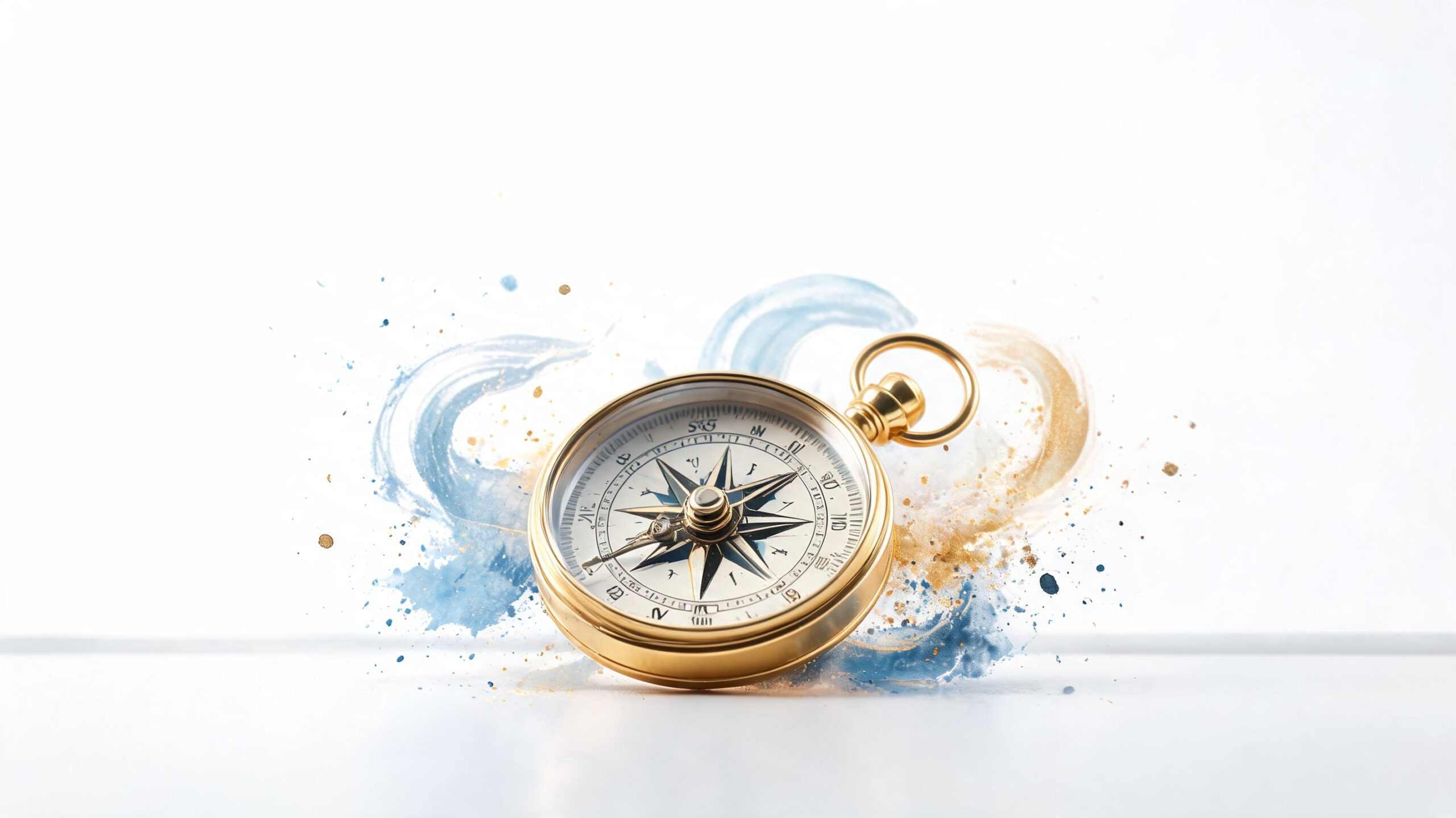 A classic gold compass sits on a white surface surrounded by abstract blue and gold paint splashes.