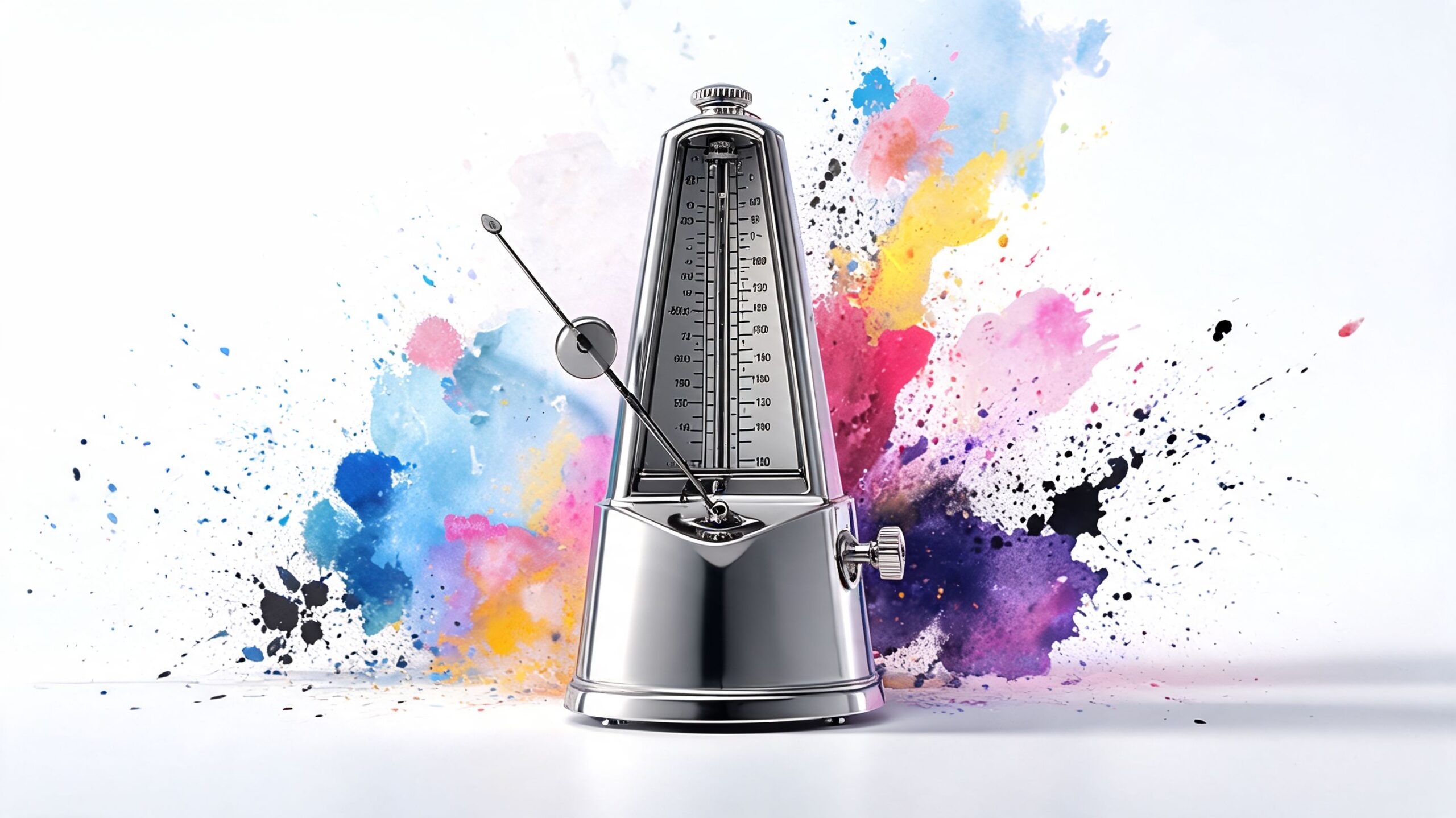 A shiny silver mechanical metronome standing against a backdrop of vibrant, abstract colorful watercolor paint splashes.