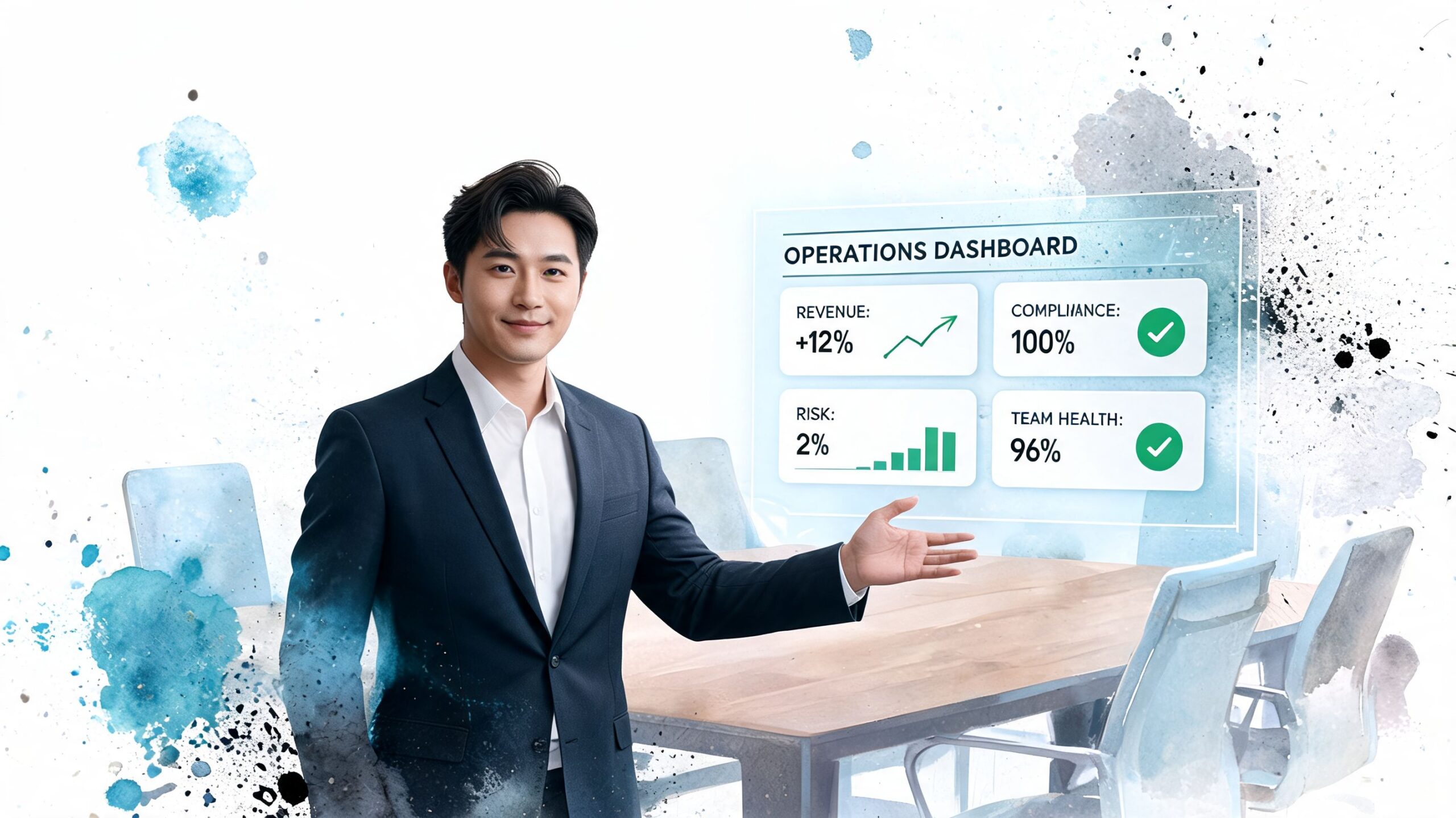 A professional man in a suit presenting a digital operations dashboard with business metrics in an office.