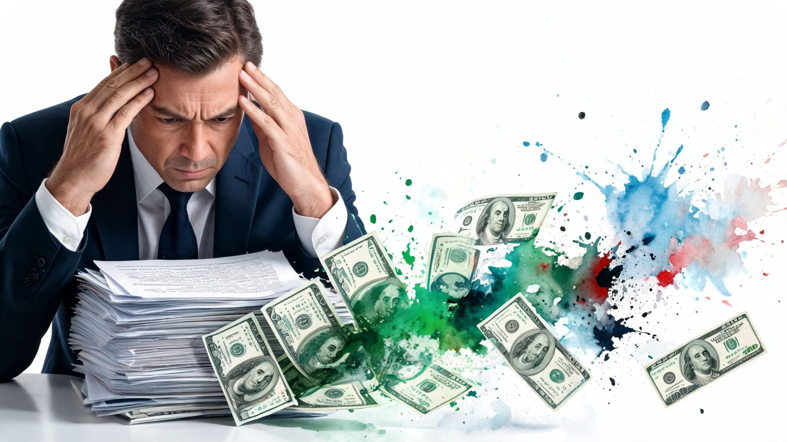 A stressed businessman in a suit looking at a large pile of documents and flying cash.