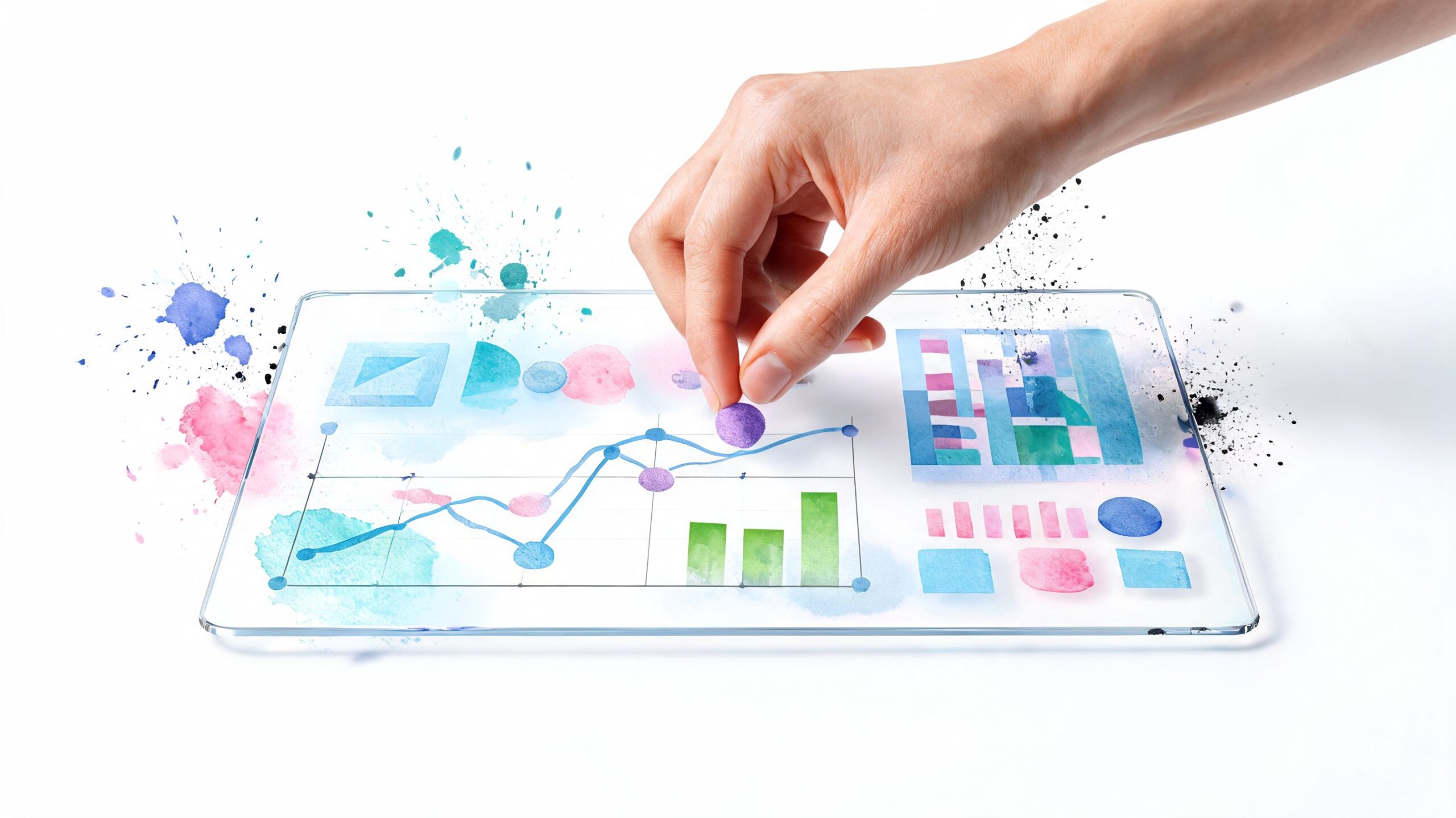 A hand interacting with a transparent digital touch screen displaying colorful data charts and business analytics.