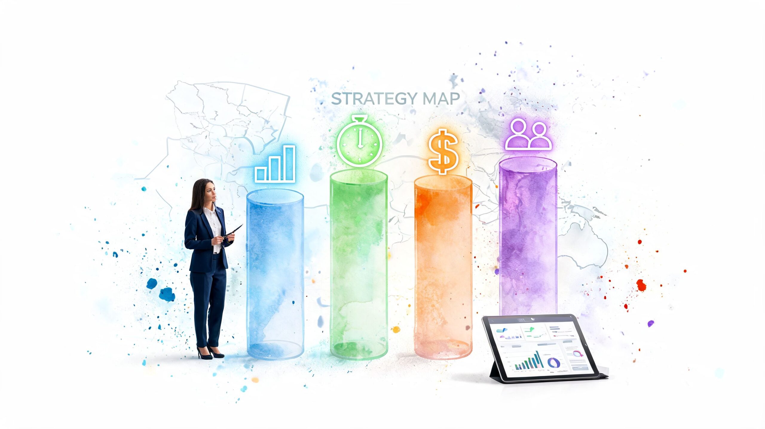 A businesswoman stands beside a digital strategy map with colorful pillars and icons representing business goals.