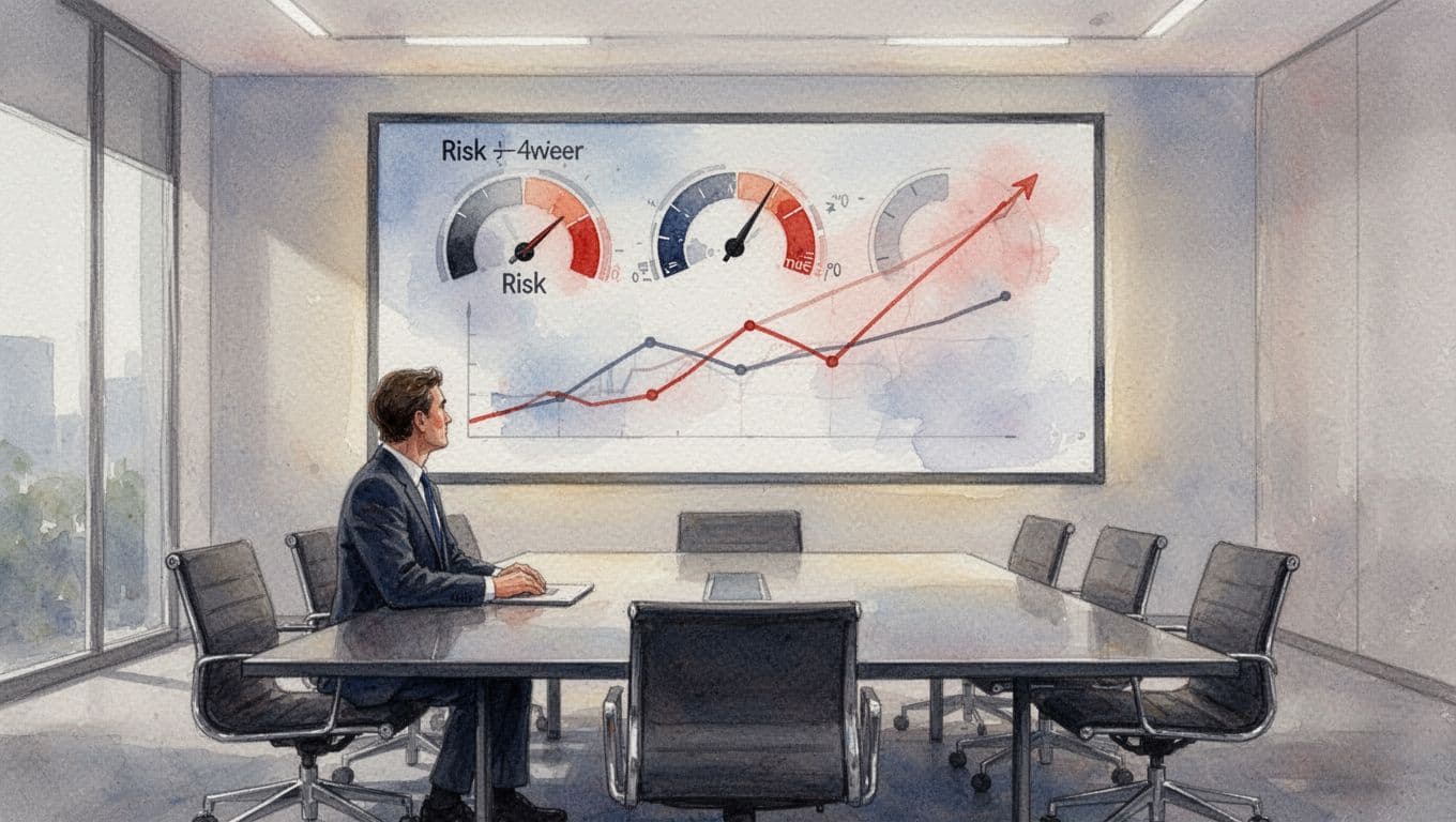 Executive seated in boardroom views large watercolor screen with high red-accented cyber risk indicators beside flat business KPIs.