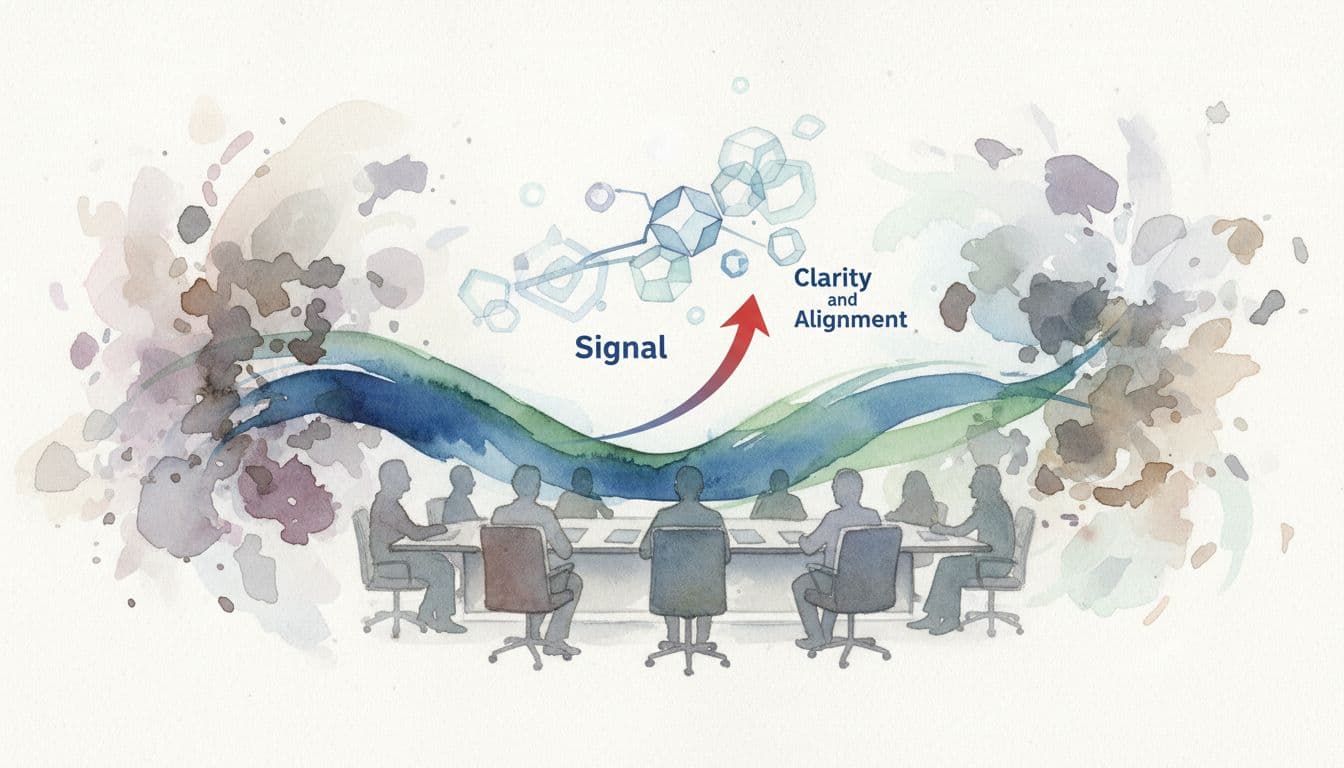 Watercolor boardroom with abstract shapes comparing technology options, soft blends and red accents.