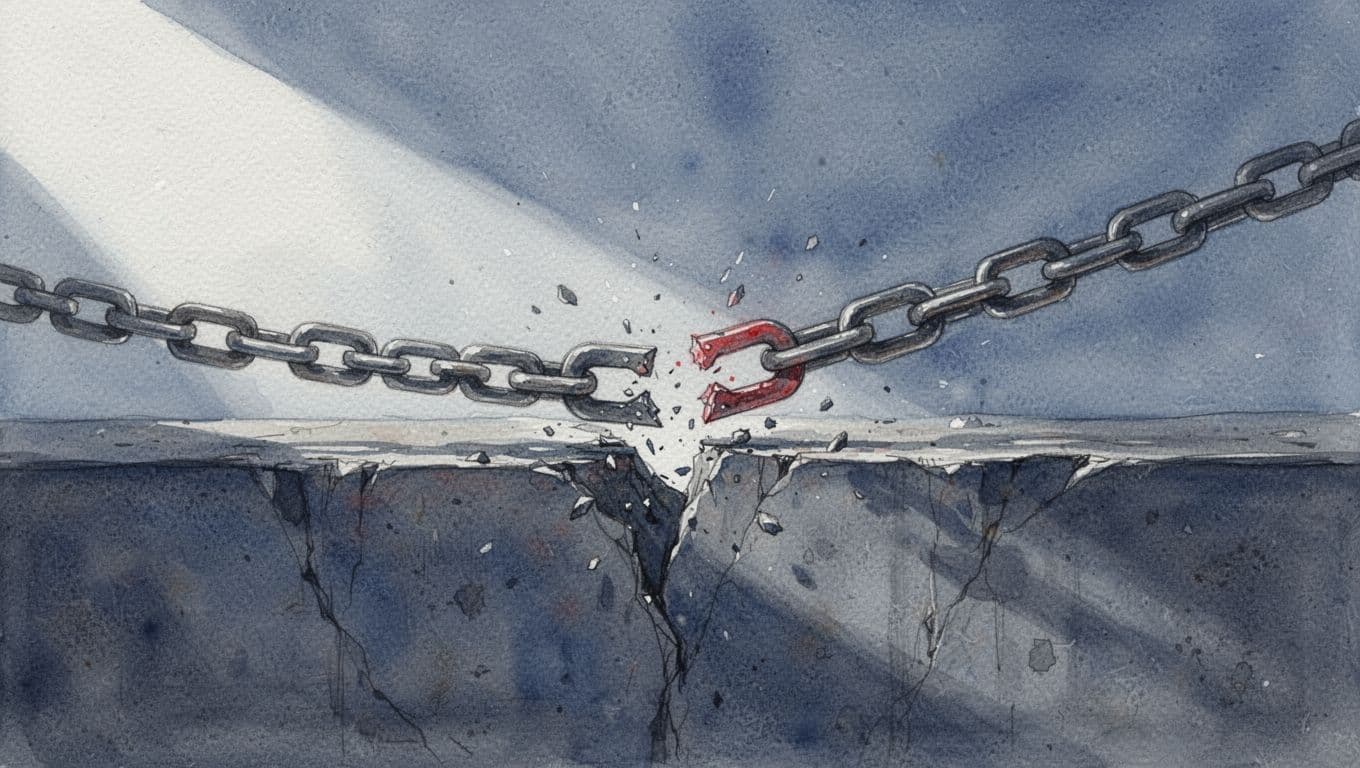 Watercolor painting of chain draped over ledge with fragile link breaking under weight, red accent on snap amid cool blue-gray tones.