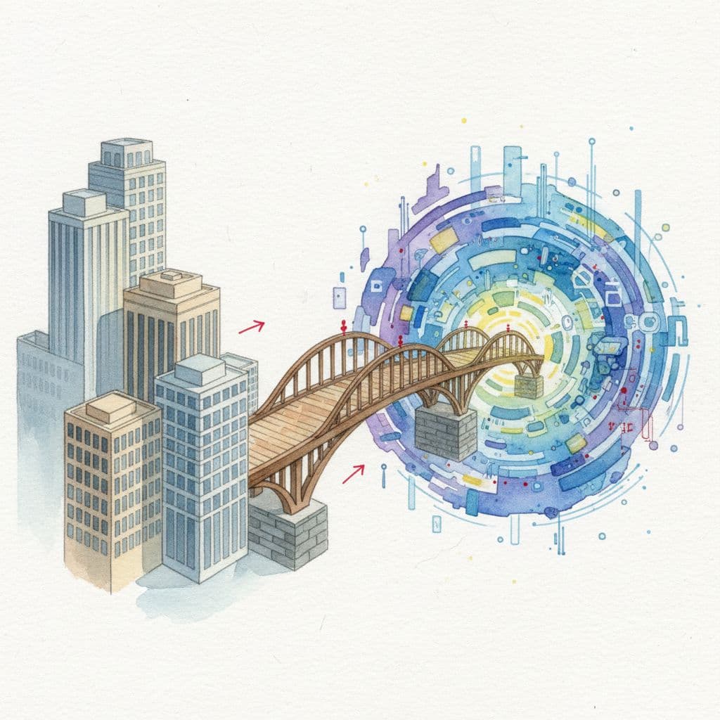 A watercolor painting depicts a bridge connecting a professional office space to an abstract digital information landscape.