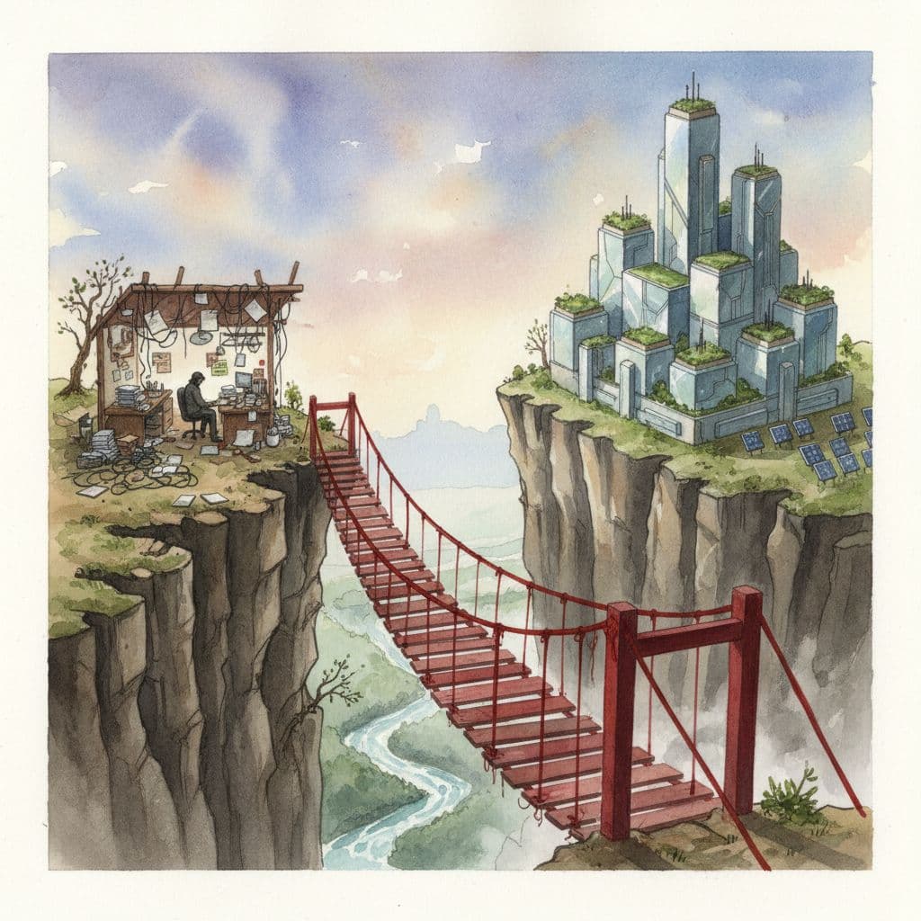 A precarious bridge featuring vibrant red supports connects a cluttered desk on a rocky cliff to a massive, orderly building. Soft watercolor textures define this metaphorical gap between operations and scale.