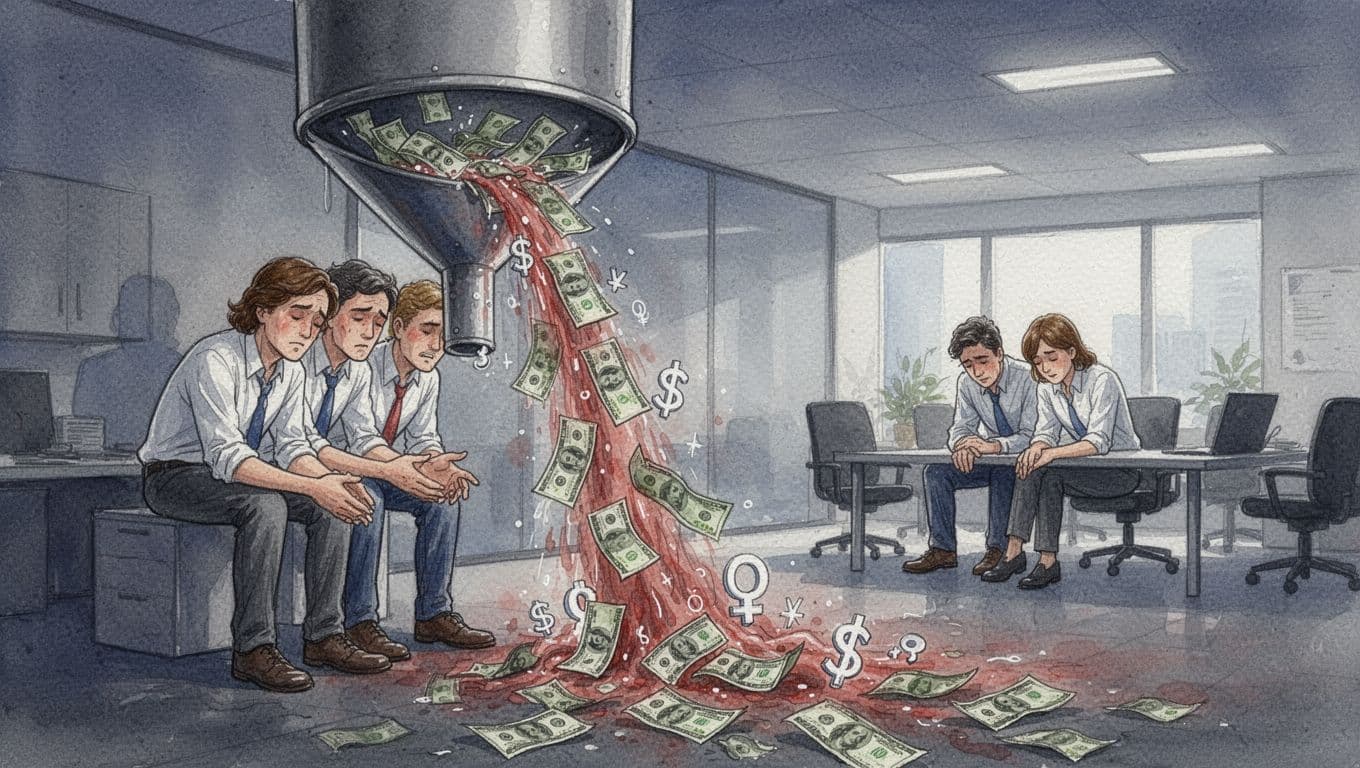 Money flows from funnel into vendor logos and duplicate tools while three tired team members huddle in dim office.