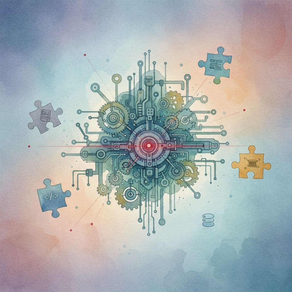 A watercolor illustration shows an interconnected machine surrounded by floating, detached puzzle pieces.