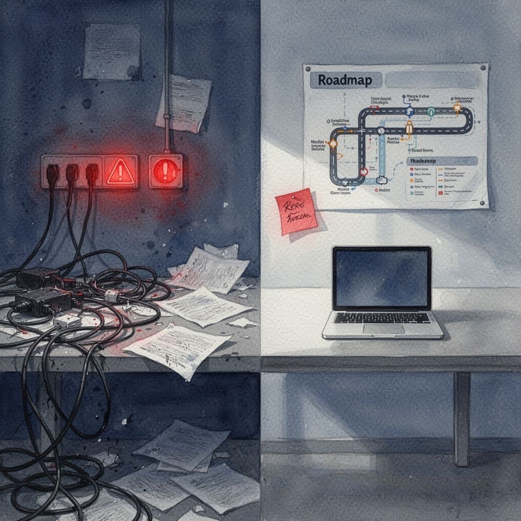 A watercolor split-view contrasting a cluttered, messy desk with a minimalist, orderly office space.