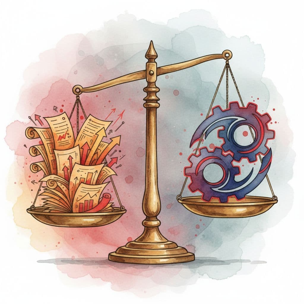 A watercolor painting depicts a golden scale with paper documents piled on one side and a mechanical gear on the other. Soft red paint splatters add contrast to the balanced arrangement.