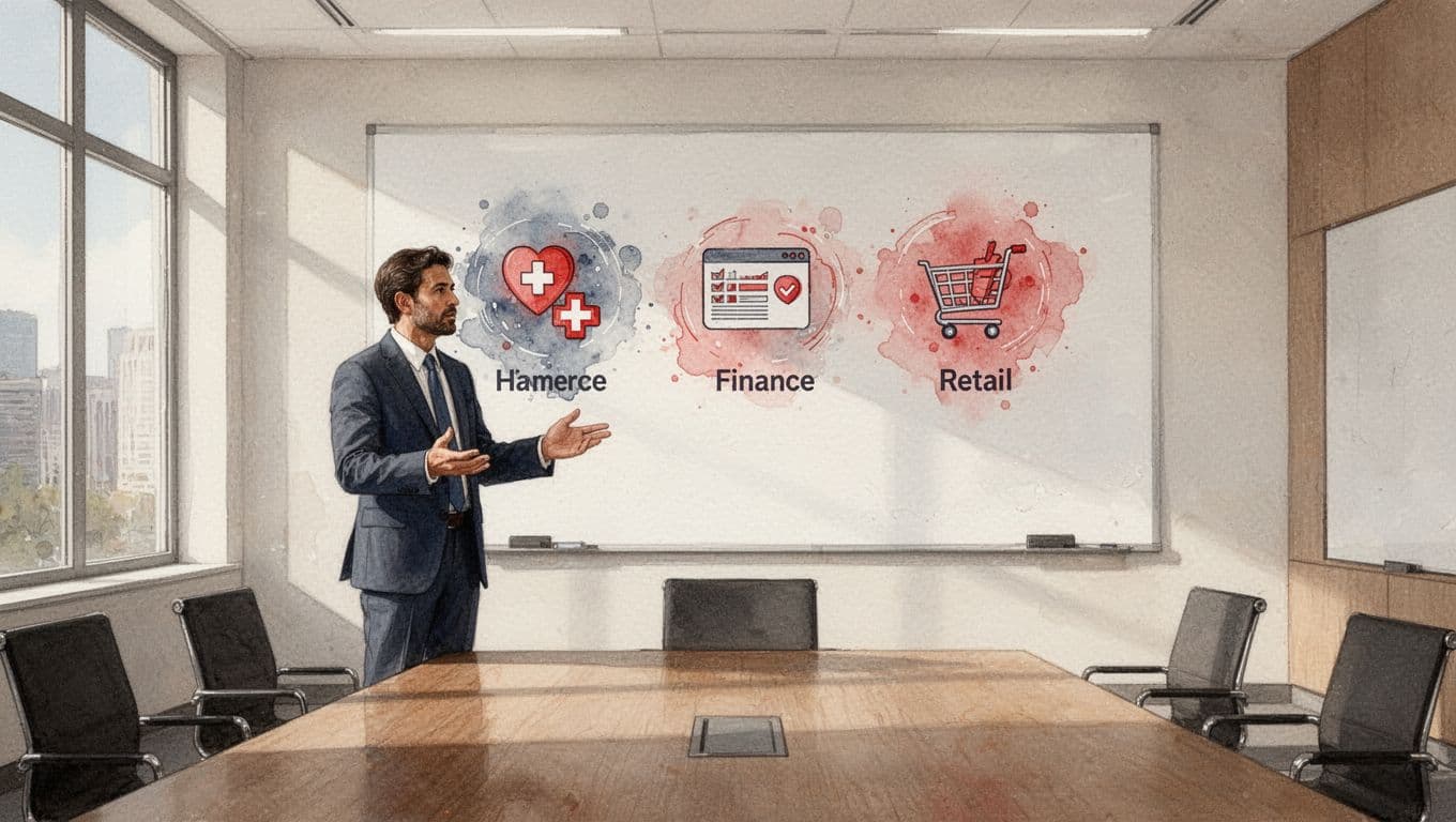 Business leader gestures at whiteboard with healthcare, finance, and retail cyber risk icons in conference room.