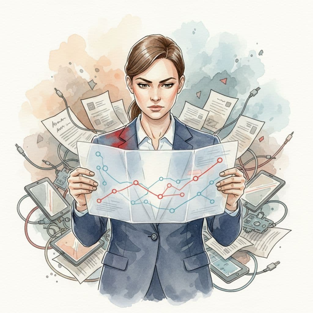 A business leader holds a simple map while surrounded by a chaotic, cluttered workspace.