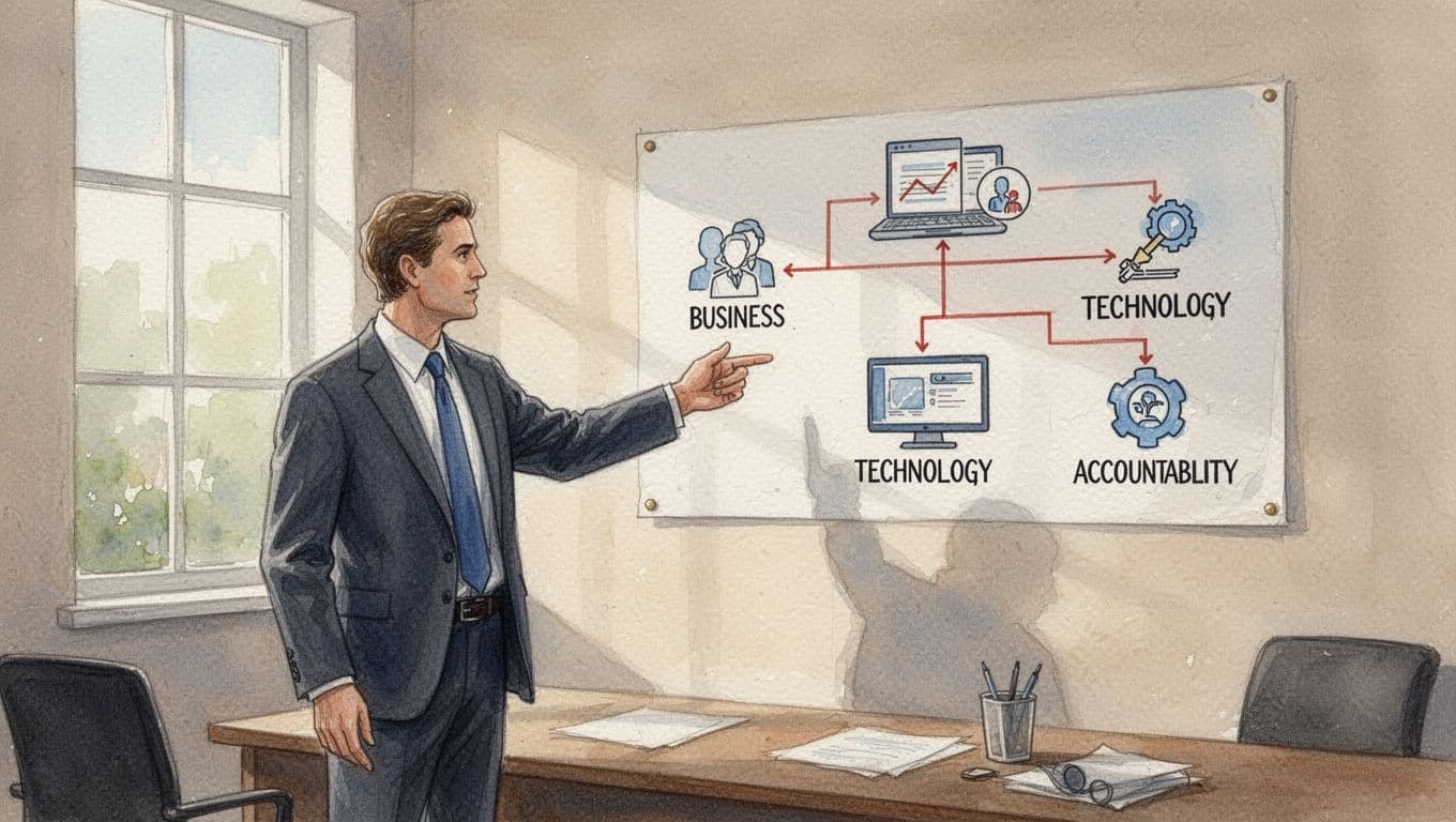 Business leader points to watercolor organizational chart on office wall showing ownership roles with business, tech, and accountability icons.