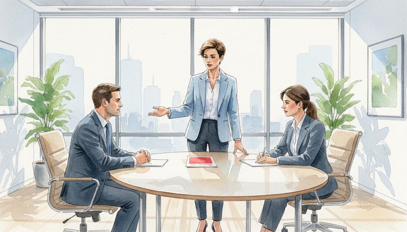 A business leader stands at a conference table speaking to two attentive directors in a bright, modern office.