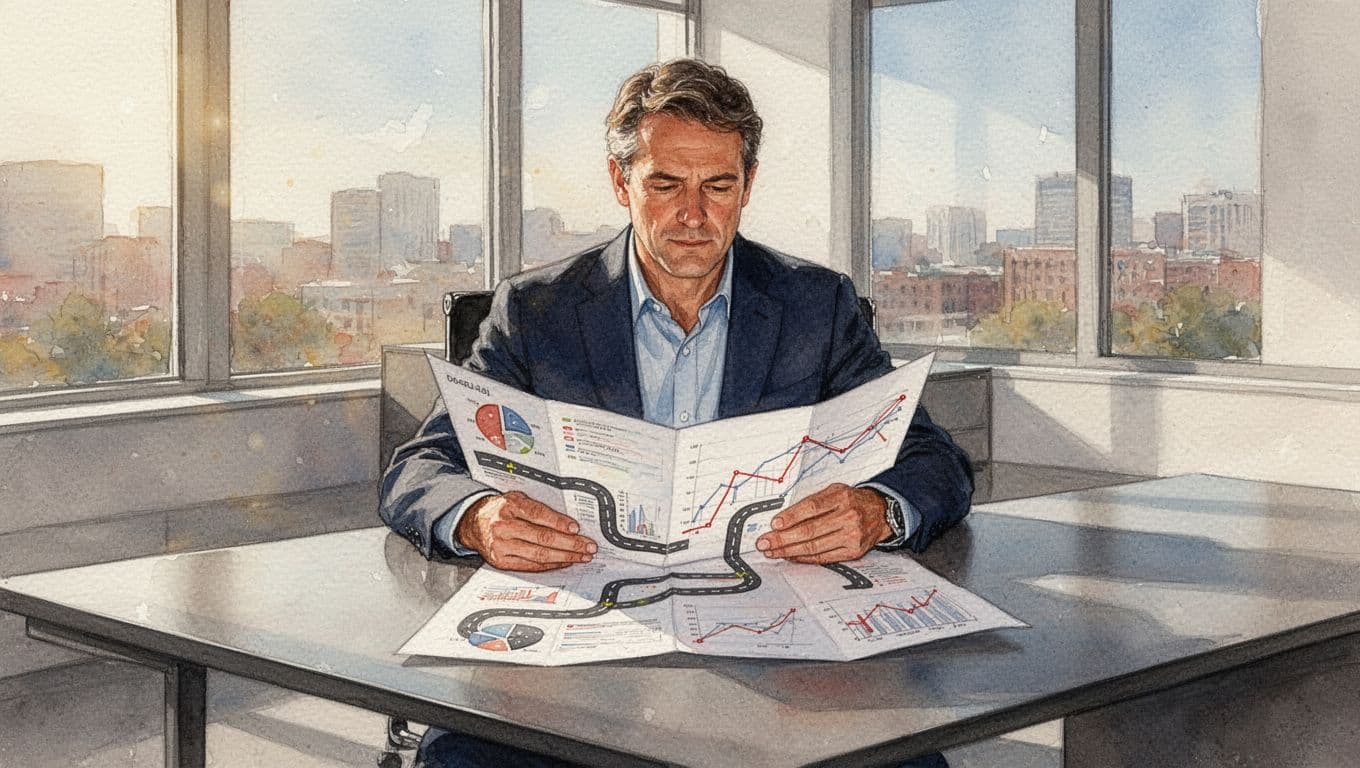 Business leader in casual attire sits at modern desk in sunlit office, hands on folded roadmap with charts, watercolor style.