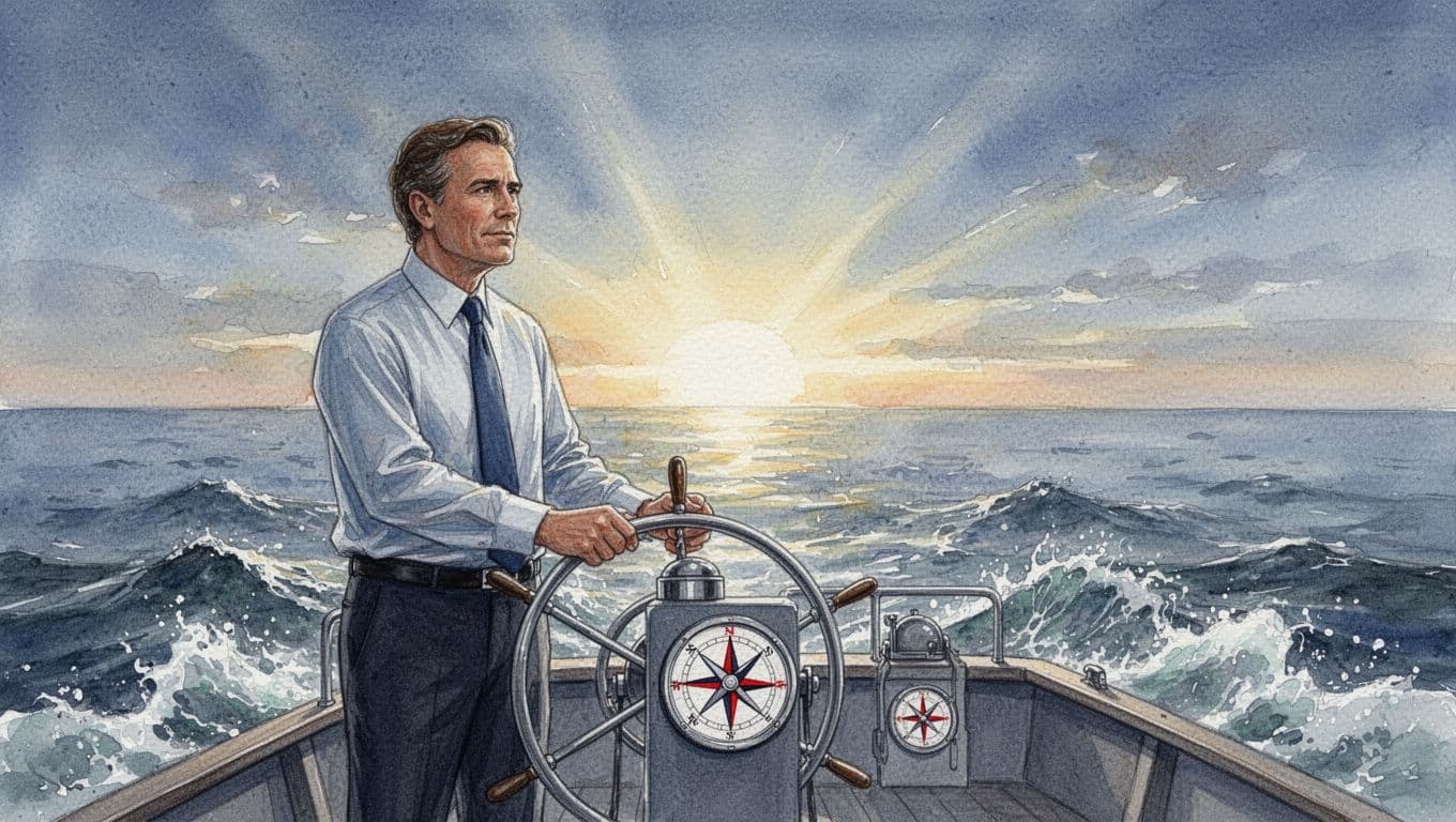 Business leader stands at helm of small ship, hands on wheel, navigating choppy waves toward calm sunny horizon.