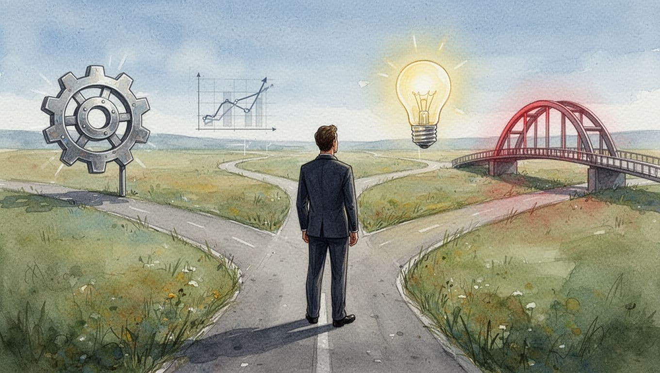 Business leader stands at crossroads with four paths marked by gears, charts, lightbulb, and bridge icons in watercolor landscape.
