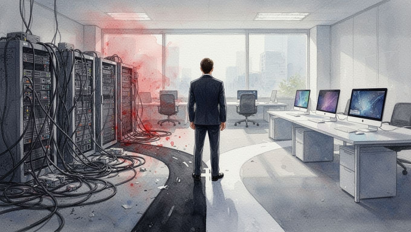 Watercolor shows business leader at crossroads, one path tangled with cables and servers, other clear with modern tech icons.