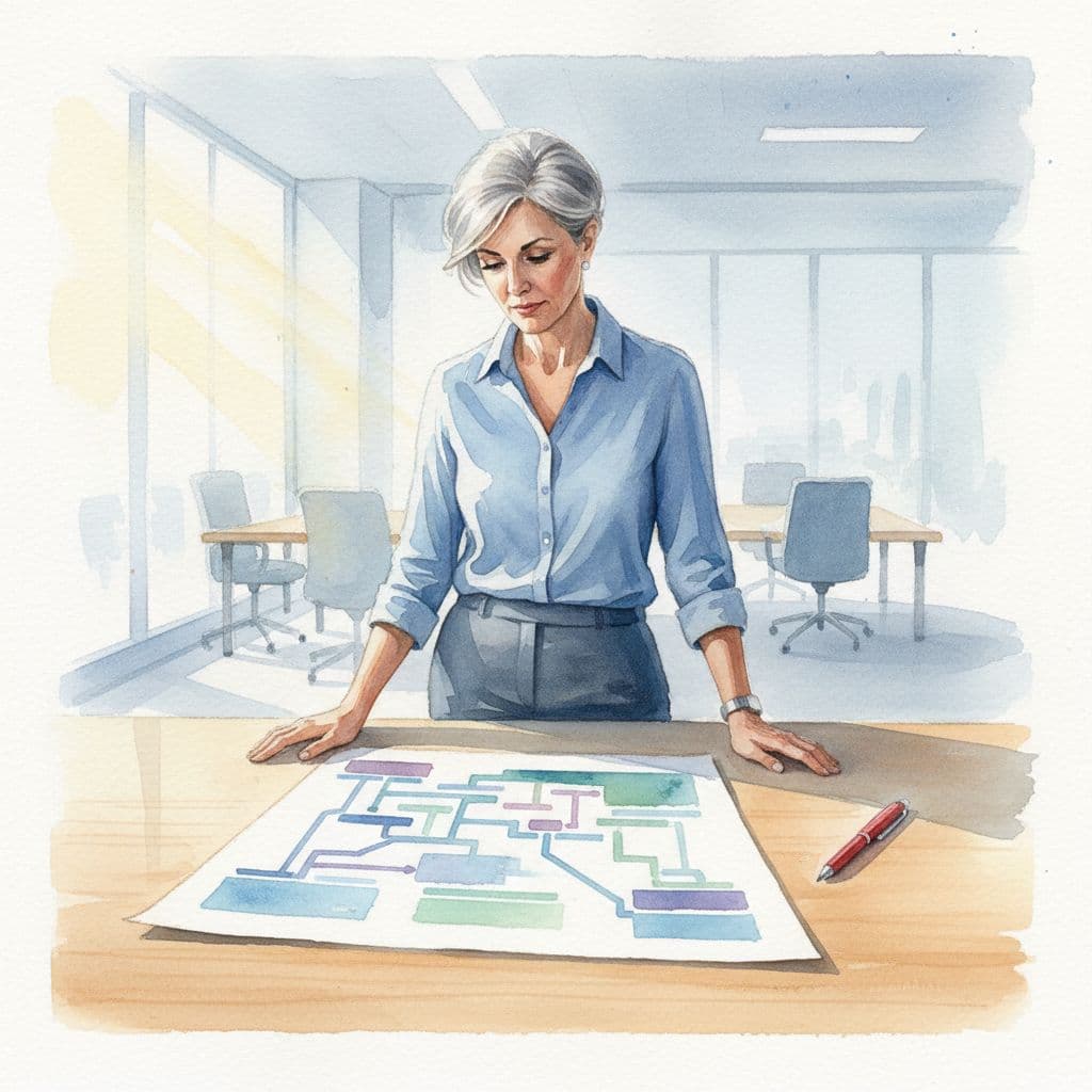 Business leader in bright office looks down at simplified tech roadmap on wooden desk with red pen, watercolor style.