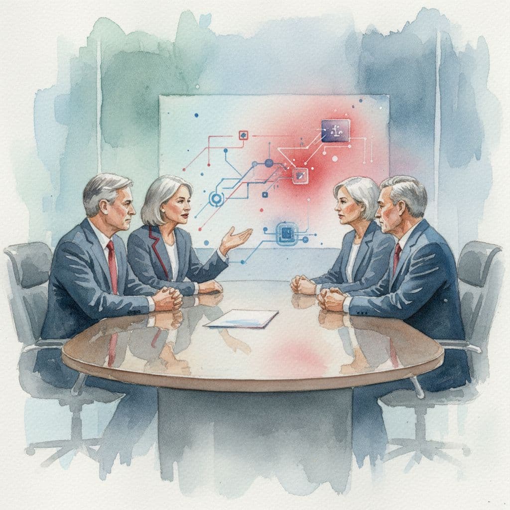 Four senior leaders sit around a boardroom table engaged in a collaborative discussion about business technology.