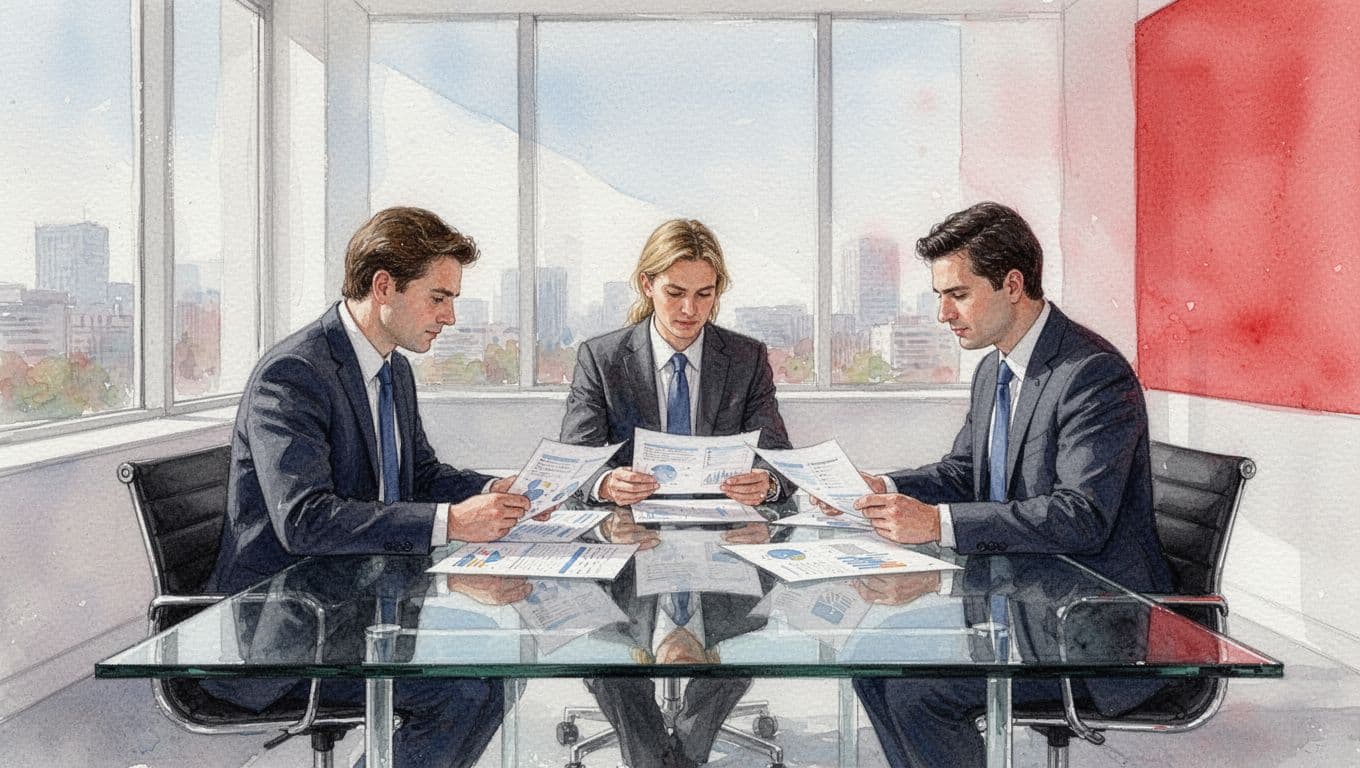 Three professionals collaborate over documents in a minimalist, watercolor-style meeting room with red accents.