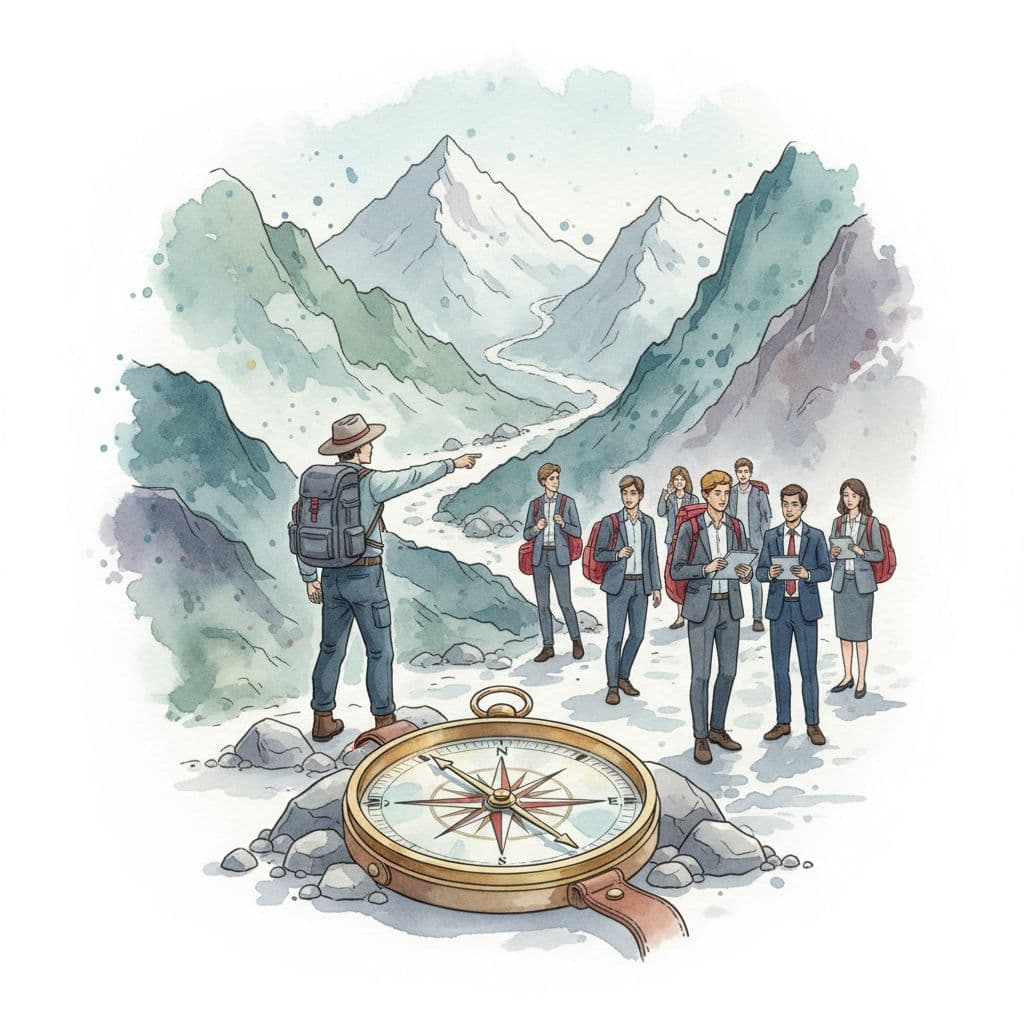 A watercolor mountain path features a clear guide directing business leaders toward the peak. In the foreground, a detailed compass sits near equipment highlighted with subtle accents of soft red.