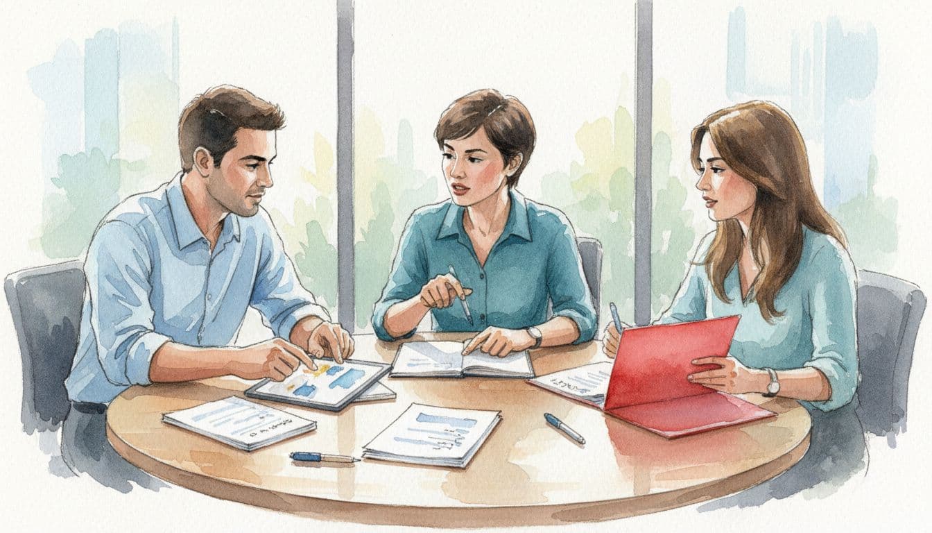 Three business people sit around a table with open notebooks, tablet, and red folder, discussing in soft watercolor style.