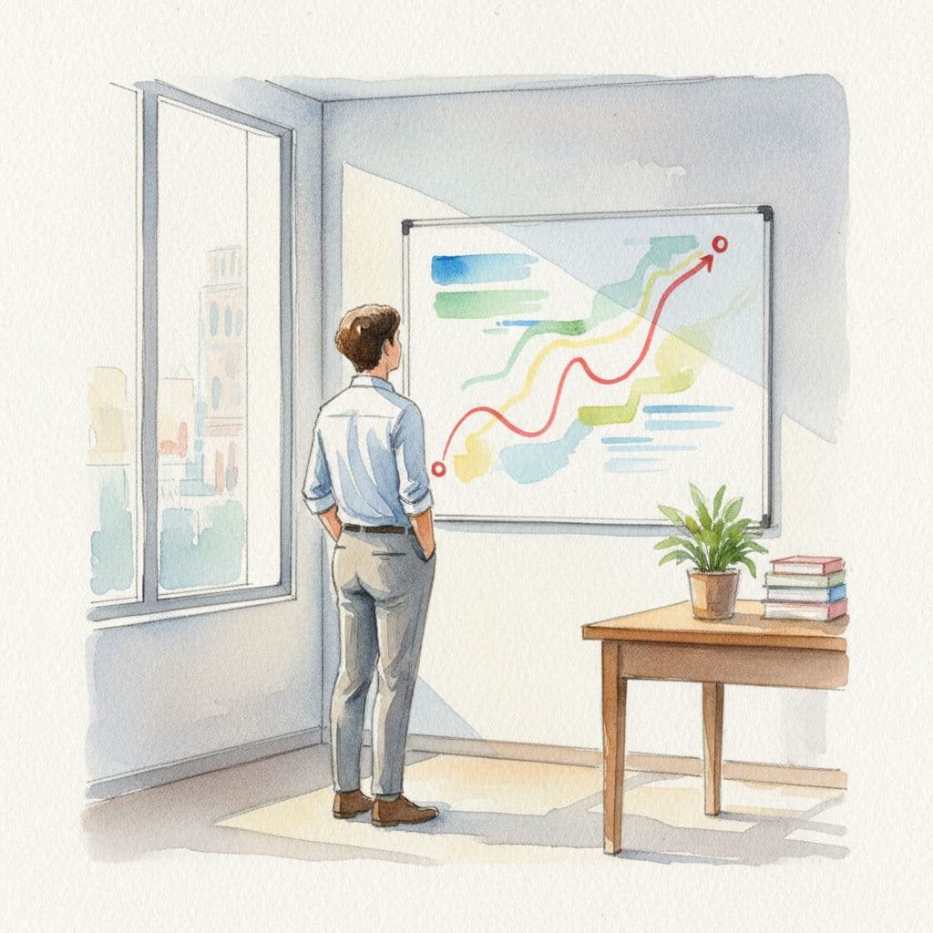 A leader stands before a large whiteboard featuring a colorful IT roadmap painted with soft watercolor textures. A vibrant red accent color highlights key milestones within this creative business environment.