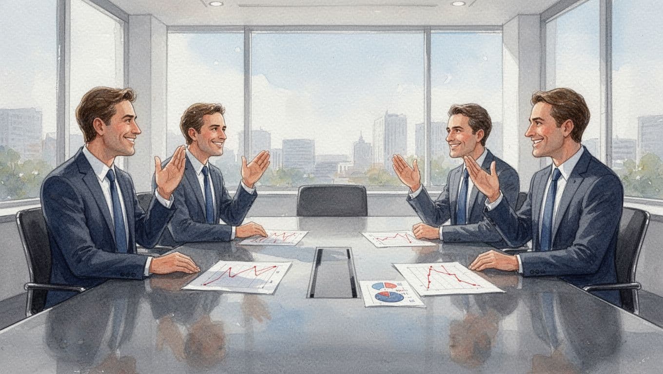 Four executives with relaxed postures nod and discuss charts on a clean table in a modern boardroom, in watercolor style with soft blending.