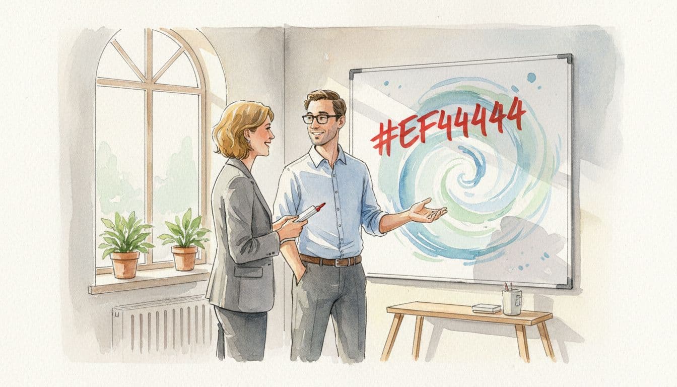 Two professionals in office discuss priorities on whiteboard, one writing key decision with red marks, watercolor style.
