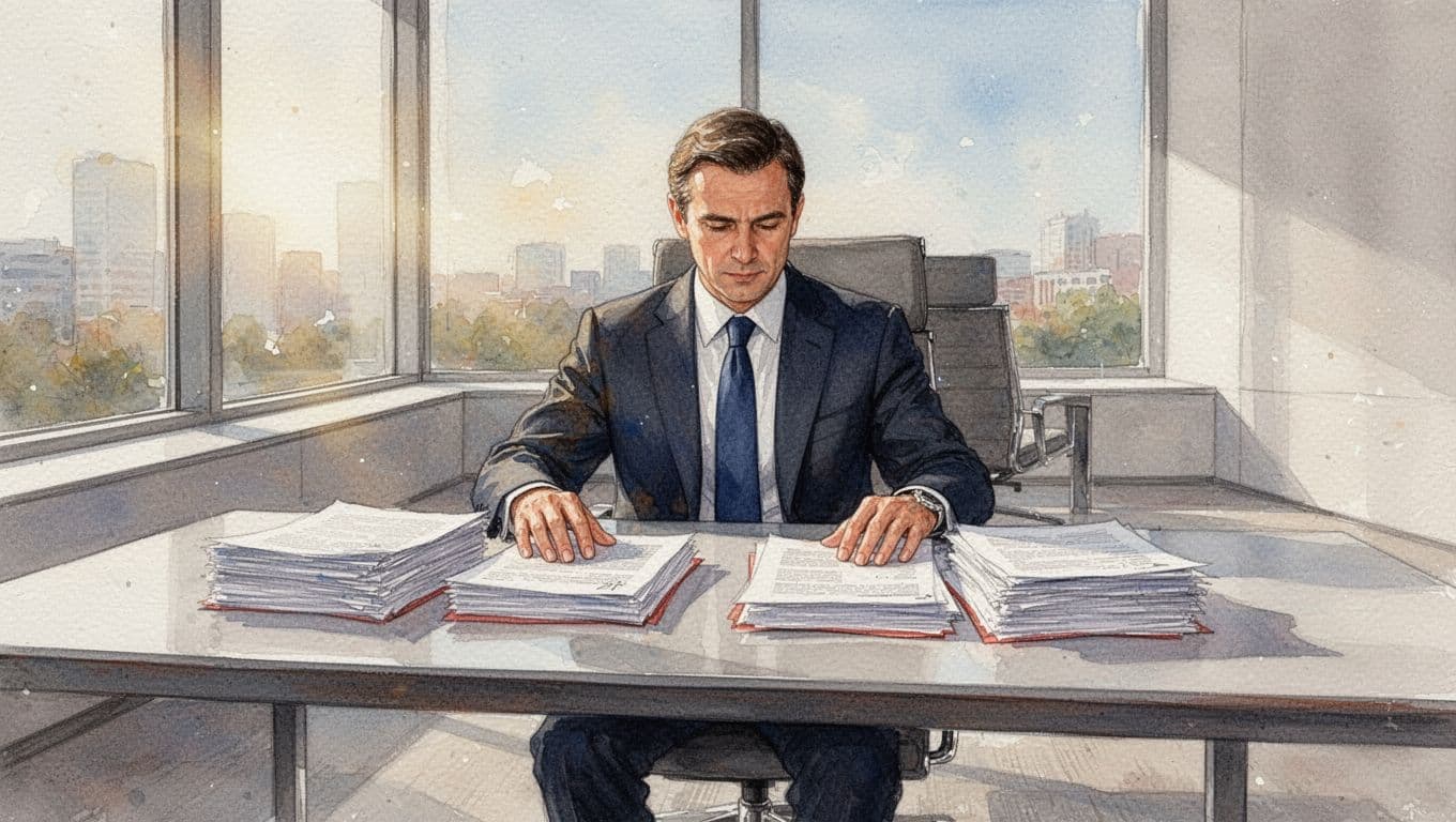 Watercolor-style CEO in modern office rests hands on fractional CTO and consultant documents on desk.