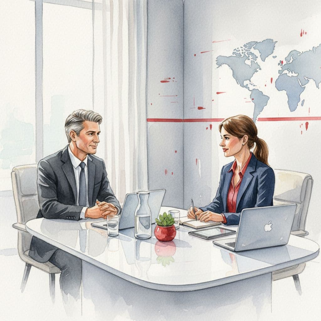 A CEO and IT manager in formal business attire sit opposite each other at a sleek table. Their conversation is captured in a soft watercolor style with vibrant red accent details.