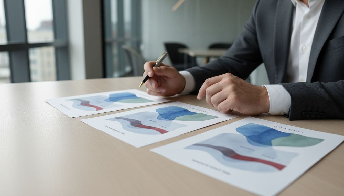 CEO at modern office desk reviews watercolor-style charts of technology leadership cost tiers.