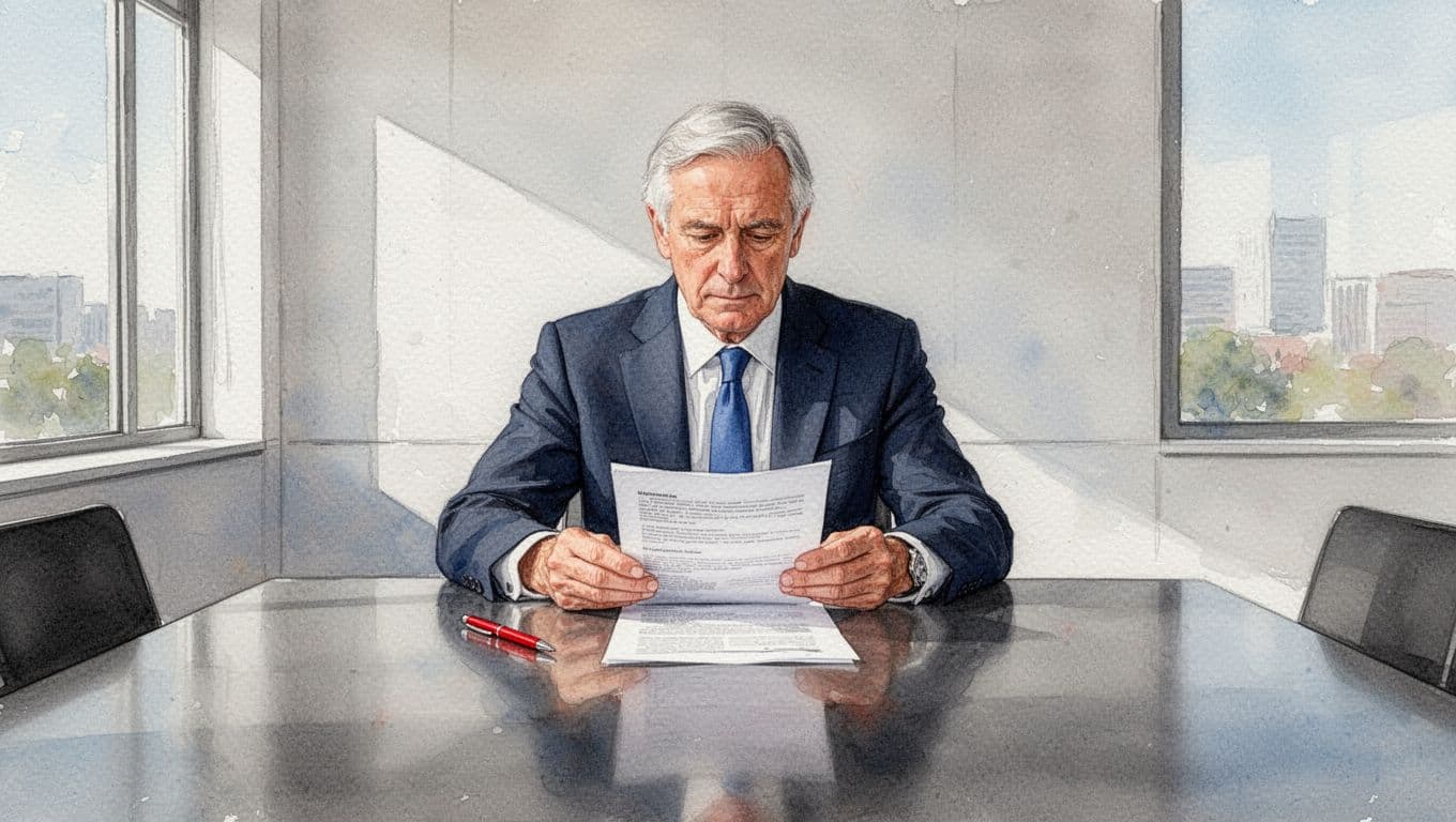 Focused CEO at conference table reviews printed one-page tech strategy with pen nearby, watercolor style.