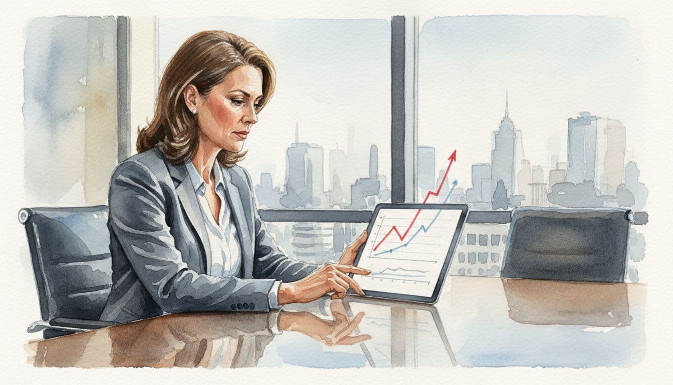 CEO at conference table reviews tablet charts showing rising red costs and stalled growth in modern watercolor office.