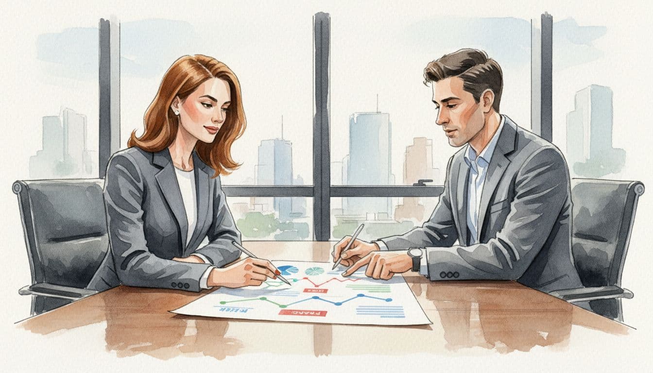 CEO sits at boardroom table reviewing tech roadmap charts on risk and spend as executive points, in modern office with large windows.
