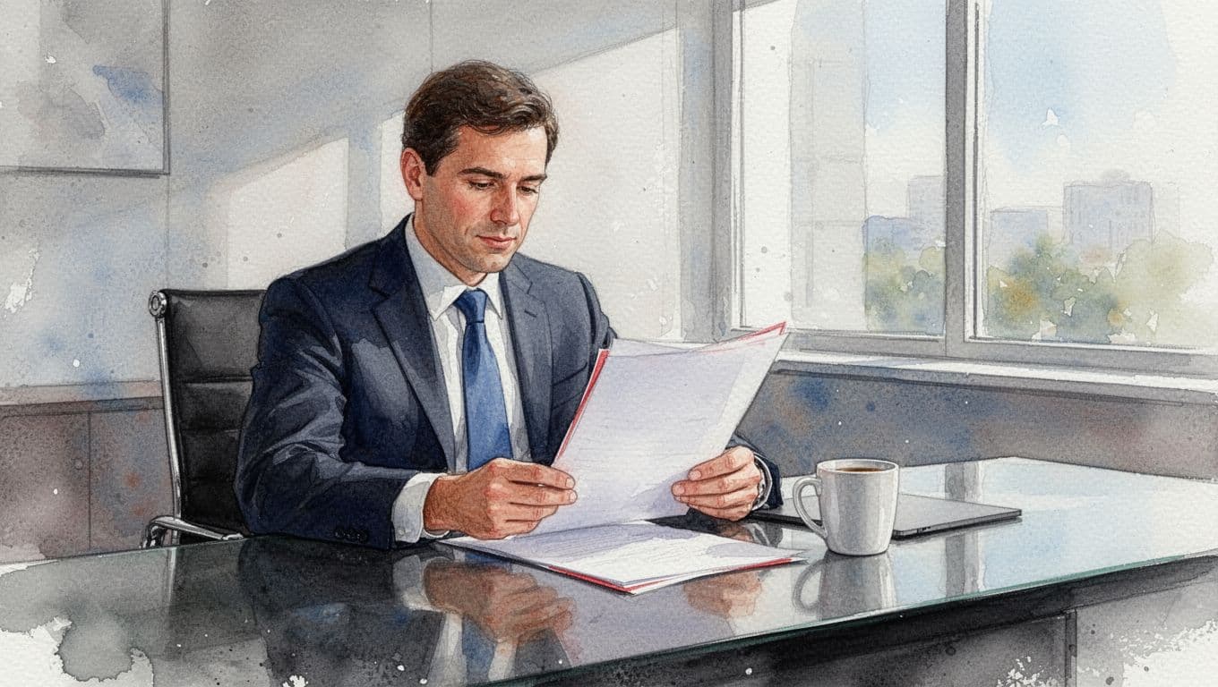 Watercolor CEO relaxes at modern desk reviewing one-page document with red edge highlights and coffee mug nearby.