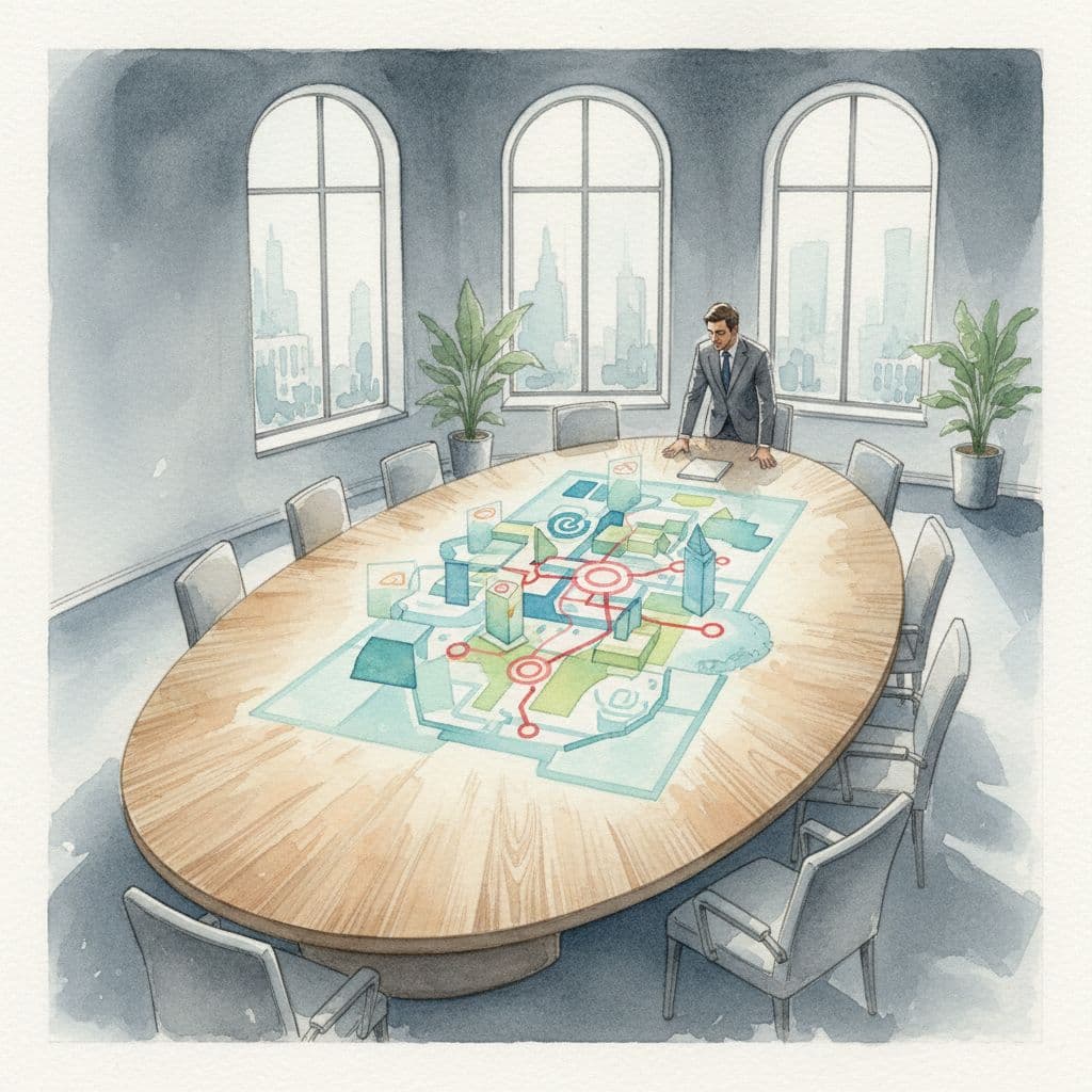 Watercolor boardroom with CEO focused on central abstract projected map.