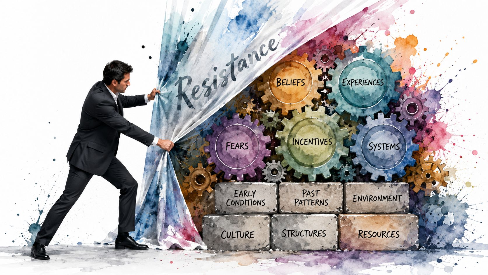 A businessman peeling back a curtain to reveal complex gears and concrete blocks representing organizational resistance factors.