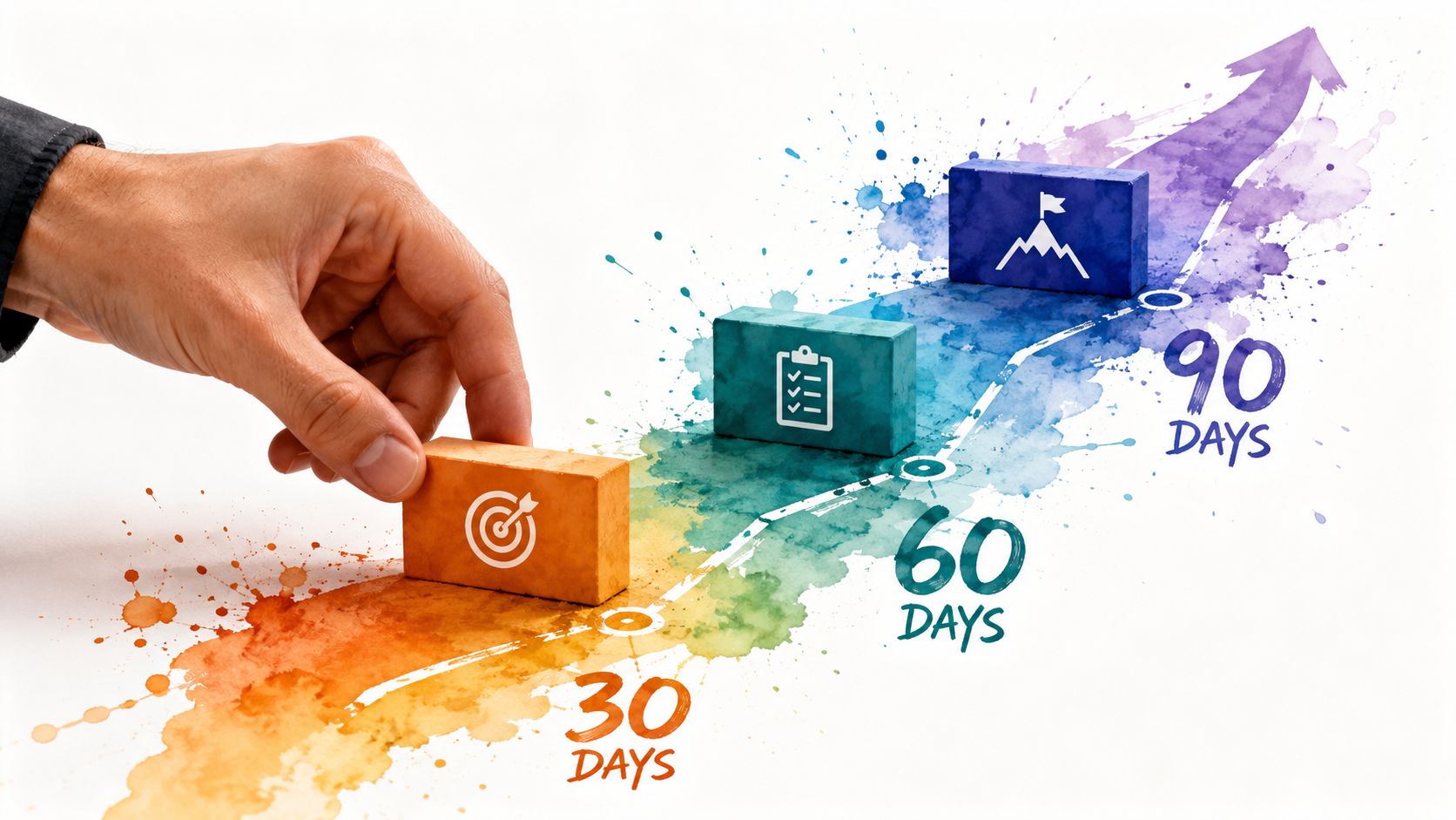 A hand placing an orange target block onto a colorful 30, 60, and 90-day progress timeline graphic.