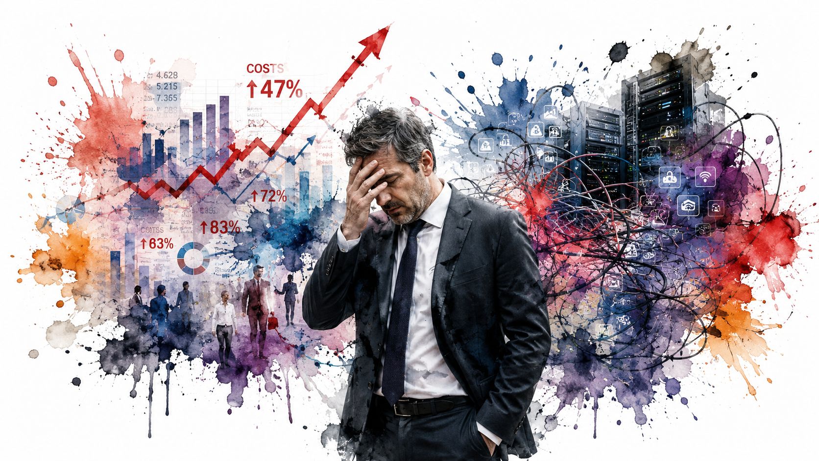 A stressed businessman in a suit surrounded by data charts, abstract color splashes, and complex server infrastructure.