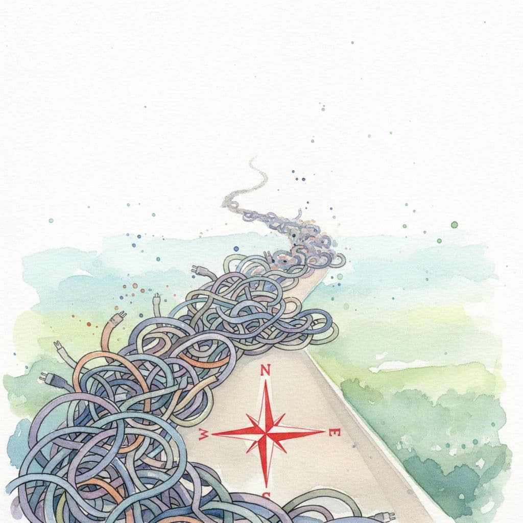 A watercolor illustration shows tangled wires evolving into a clear, single path featuring a red compass icon.