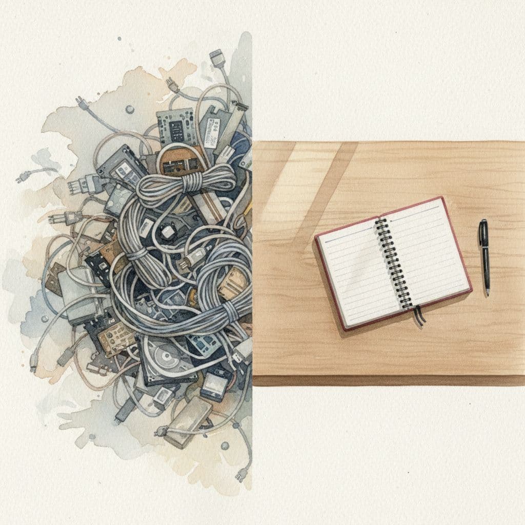 Watercolor split view: left side chaotic pile of computer cables and hardware; right side calm desk with notebook and pen.