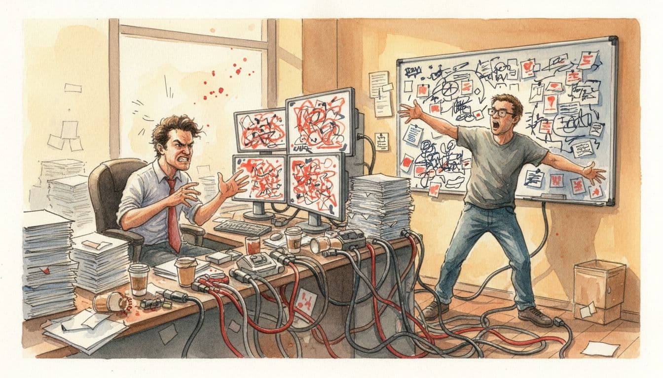 Two stressed workers in conference room amid tangled cables, error screens, cluttered desks, and scribbled whiteboard, in watercolor style.