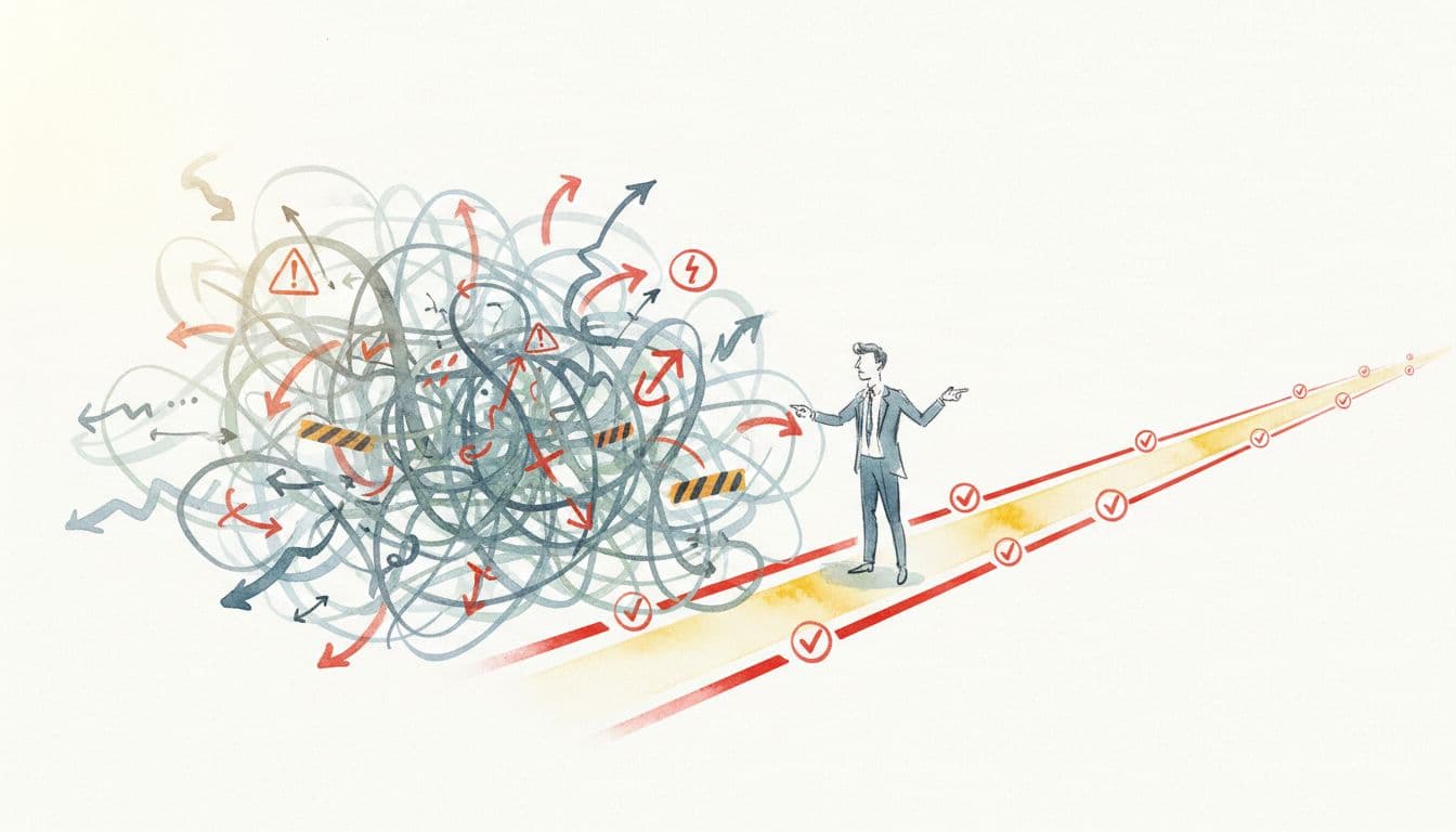 Watercolor illustration of tangled roadmap lines and warnings fading to straight path with milestones, business leader at the fork.