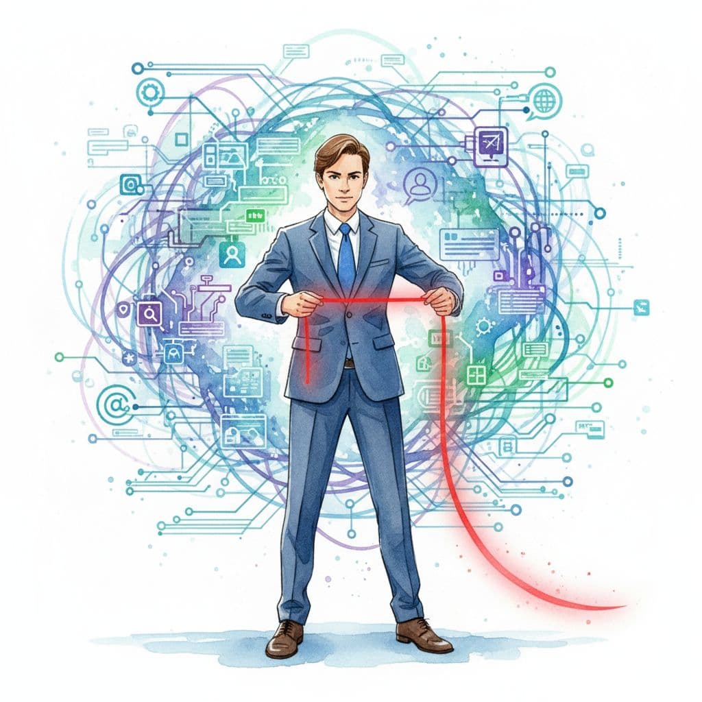 Confident executive untangles bright red path from glowing tangled web of technology symbols in watercolor style.