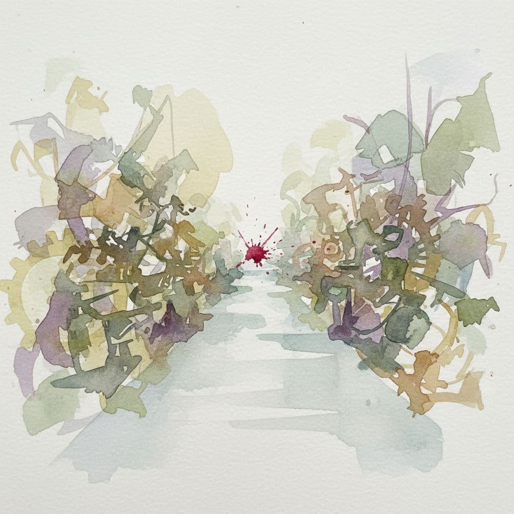 A watercolor path weaves through cluttered textures, highlighted by a single bright red accent point.