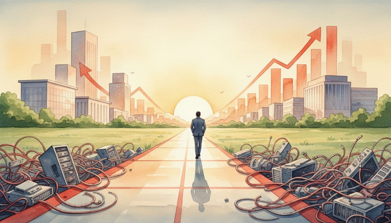 Executive walks clear winding path through modern office park past piled server debris toward rising sun with growth icons.
