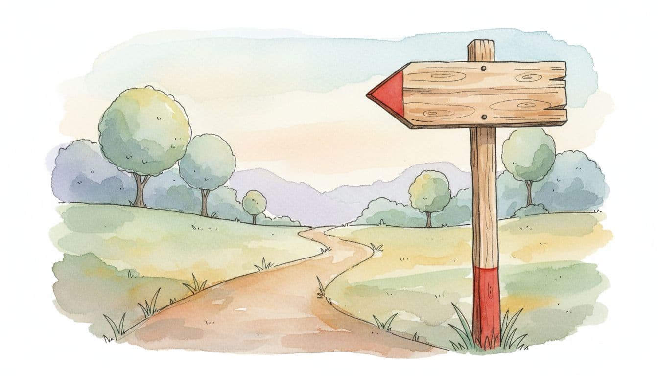 A simplified watercolor path winds through a soft landscape with a prominent red-accented wooden signpost.